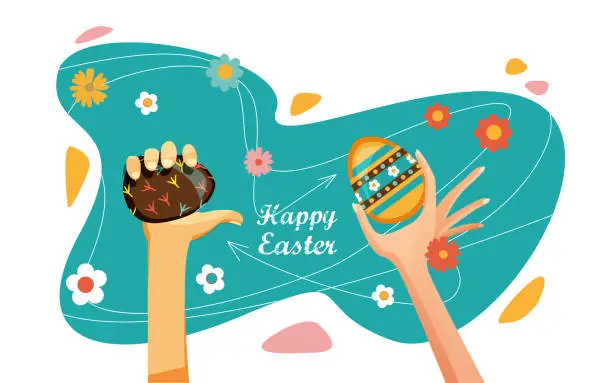 Vector illustration of Easter celebration concept in flat style. People's hands hold Easter eggs on an abstract background.