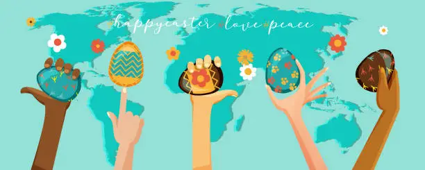 Vector illustration of Easter celebration concept, unity and peace in flat style. Hands of people of different races hold Easter eggs on the background of the world map.