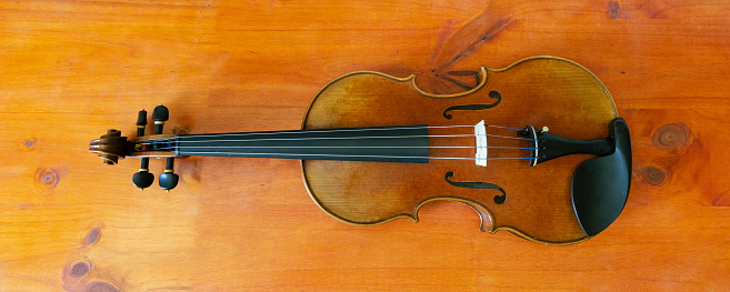 A vertical shot of a well-made violin on a wooden background