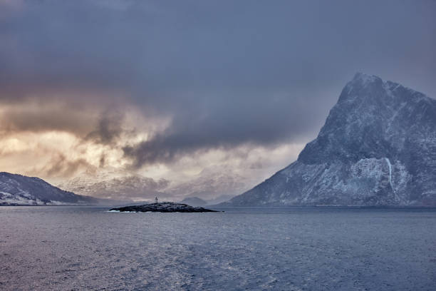Lofoten island surrounding Norwegian sea in winter day.