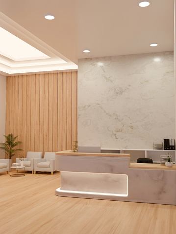 Luxury elegance beauty salon or clinic lounge with reception counter and waiting area, luxury white marble wall, stylish ceiling with lights, wood floor. 3d render, 3d illustration