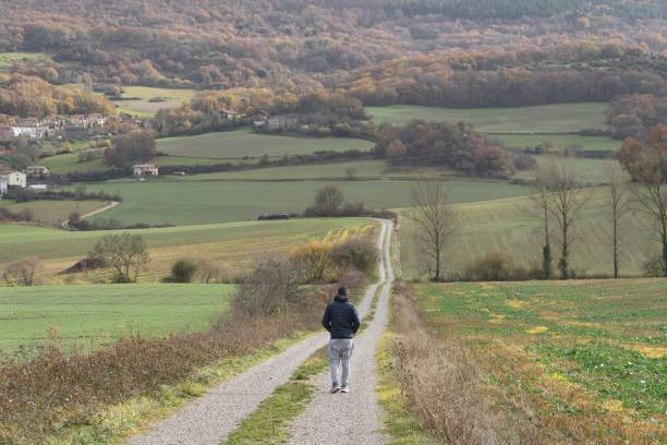 istock Man crossing the plain on a dirt road 1464690821