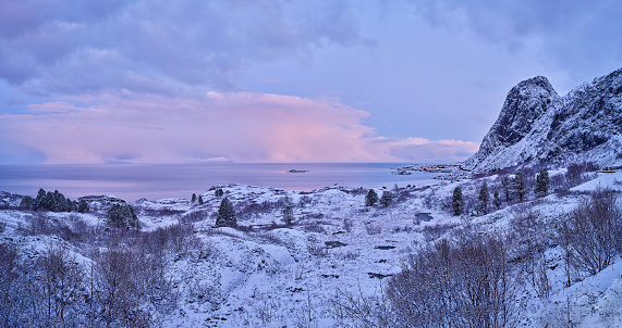 Panoramic view of Lofoten island and Norwegian sea during cold winter day.