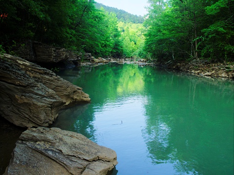 A landscape of the Buffalo River surrounded by greenery in Arkansas