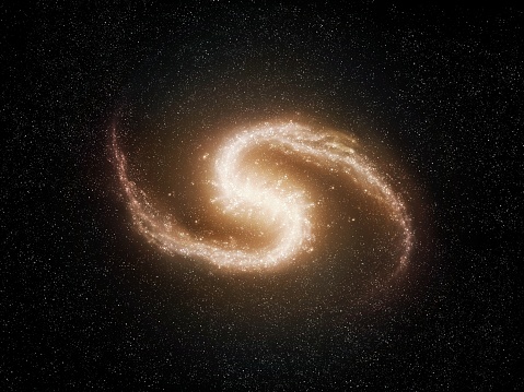 Barred spiral galaxy in space. Astronomical exploration of the universe. Arms of a distant galaxy with many bright stars.