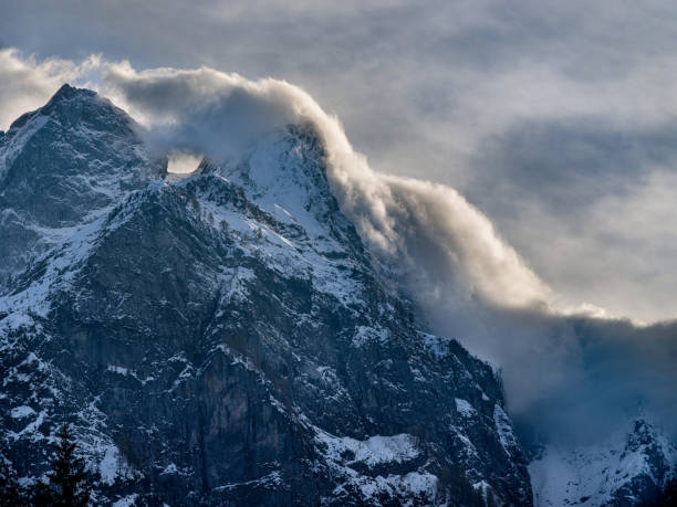 Snowcapped mountain range with clouds during winter day in Kranjska gora, Slovenia. Photographed in medium format.