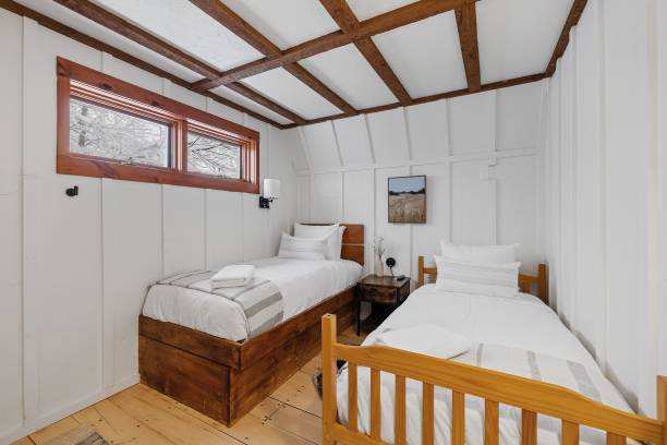 istock Comfortable bedroom features two beds each next to a window 1464693962