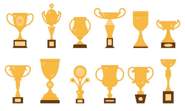 Winner golden flat trophy. Champion cup sign, racing or sport victory elements. Goblet icons, isolated prize or success symbols decent vector set vector art illustration