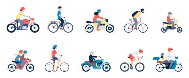 ilustrações de stock, clip art, desenhos animados e ícones de flat motorcyclist characters. riding bike and motorcycle, man ride motorbike in helmet. modern scooter, different people drivers recent vector set - motorcycle biker riding motorcycle racing