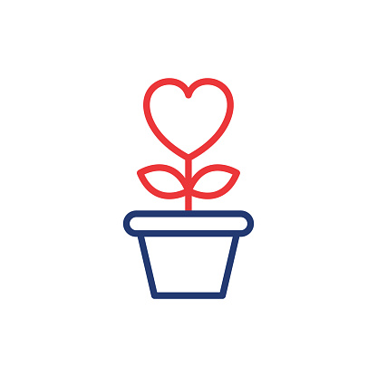 Heart Shape Flower in Pot with Leaf Line Icon. Charity, Love and Romance Symbol Linear Pictogram. Bloom Plant Grow in Flowerpot Outline Icon. Editable Stroke. Isolated Vector Illustration.