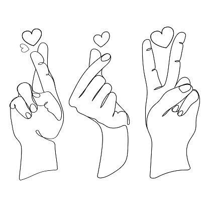 Love Signs with fingers with hearts set,continuous line drawing sketch vector illustration.Hand gestures collection Minimalism art for print,emblem,icon,cover,tattoo design in trendy line art style