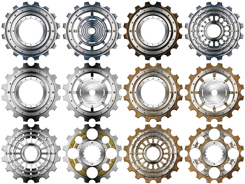 Collection of metal gears (cogwheels), isolated on white background, 3d illustration.