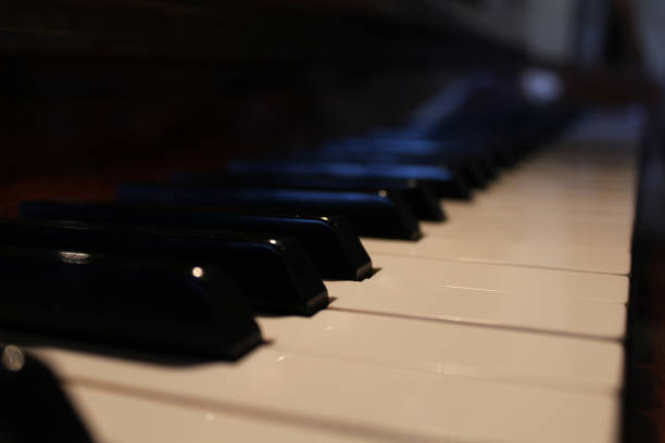 istock Selective focus of piano keyboard on blurred background 1464698168