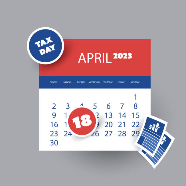 ilustraciones, imágenes clip art, dibujos animados e iconos de stock de recordatorio del día de los impuestos de ee. uu. - plantilla de diseño de calendario 2023 - calendar tax april day