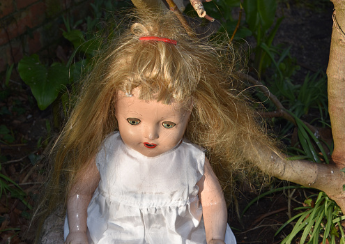 A high angle of a creepy old doll in the garden