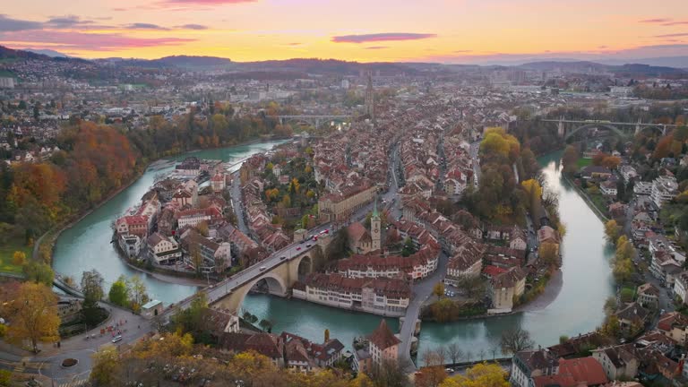 Aerial colorful twilight sky view of Bern town, the capital city of Switzerland.