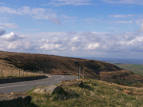 Yorkshire landscape with moorland and winding country road wide shot