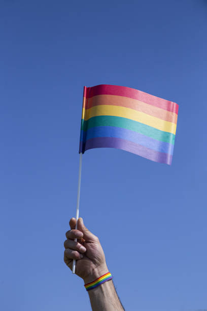 istock Person with a colorful bracelet holding a Pride rainbow flag 1464700263