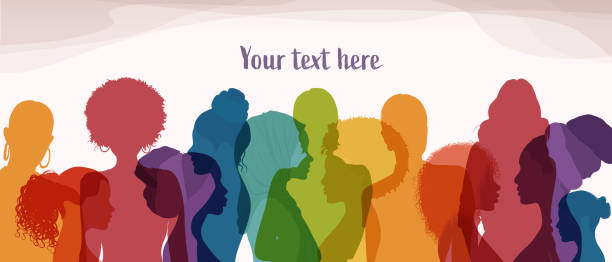 ilustrații de stoc cu femei și fete multiculturale. silueta portret frontală și de vizualizare a profilului. ziua femeii. comunitate socială feminină de cultură diversă. egalitate. colegi. împuternicire sau incluziune. banner - femei