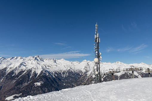 Fascinating 360-degree view of the Brenta Dolomites and Adamello-Presanella. n the foreground, a telecommunication tower with antennas and satellites. MADONNA DI CAMPIGLIO, ITALY