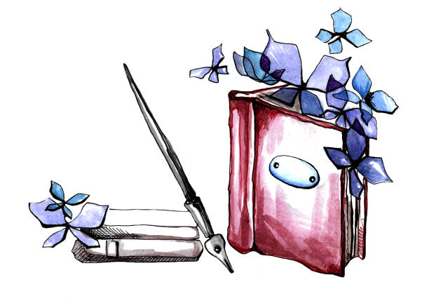 Illustration of the banner of the World Writers' Day Illustration of the banner of the World Writers' Day
for the World Book Day. Watercolor illustration by hand. An upright purple book with purple butterflies and an ink writer's pen typewriter writing retro revival work tool stock illustrations