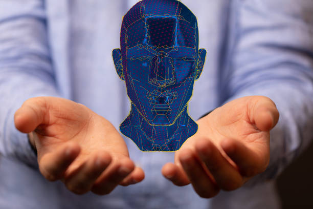 istock 3d illustration of a cyborg head construction, abstract polygonal human face, floating on the hands 1464702076