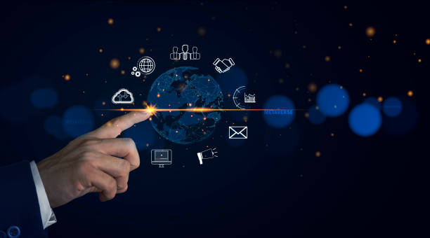 istock Metaverse with business concept, man using computer and touch virtual globe with financial icons future technology. 1464702291