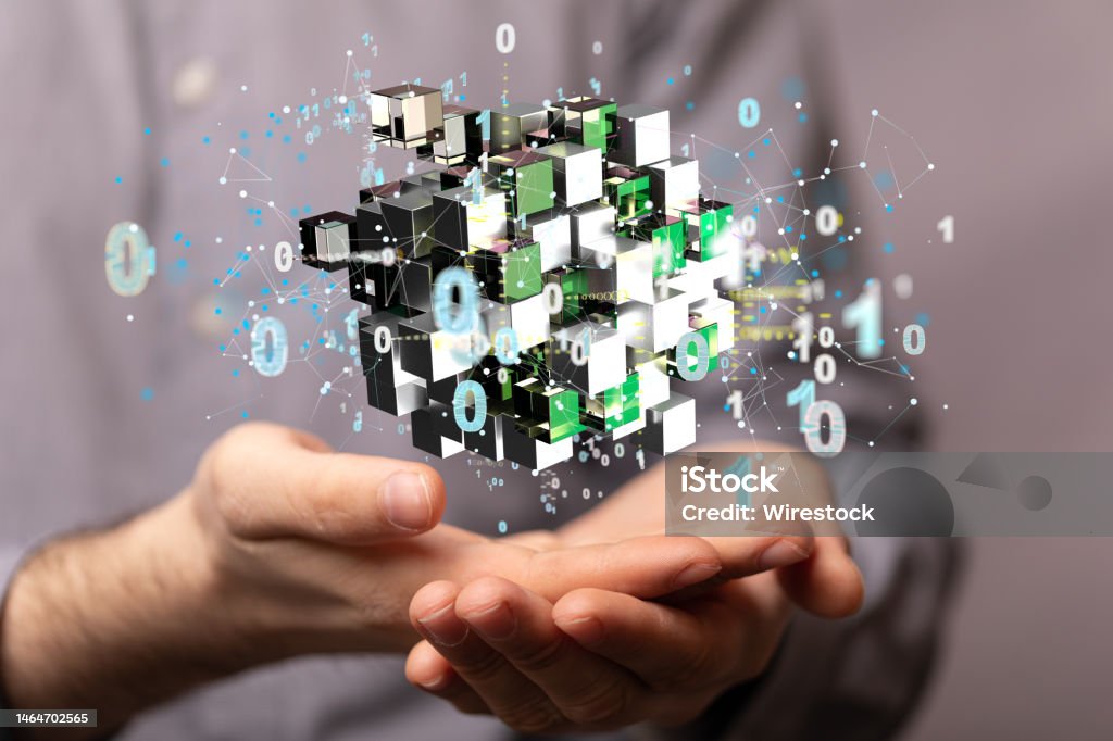 Data Storage Triangles Person Presenting A 3d Render Of Data Cloud Storage Network From Lines ...
