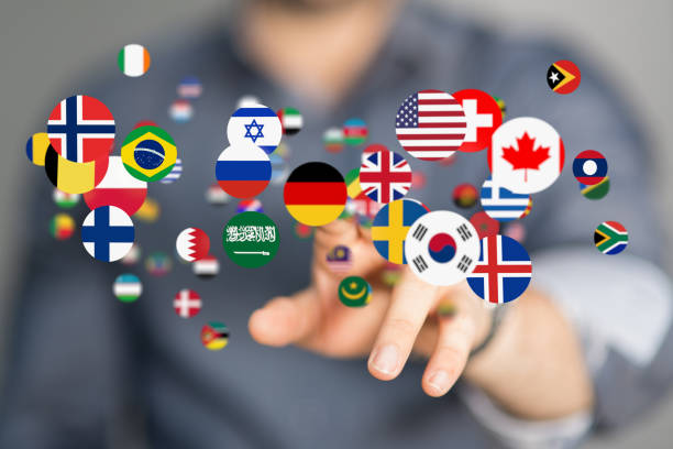 istock Person presenting the 3D render of various national flags - Global communication concept 1464702641