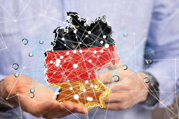 istock Person presenting a 3D render of the map of Germany 1464702672