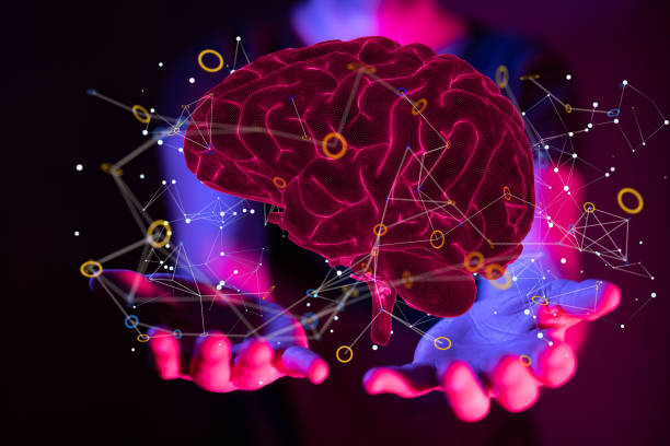 istock Person presenting a 3D render of human brain - IQ testing and artificial intelligence concept 1464703981