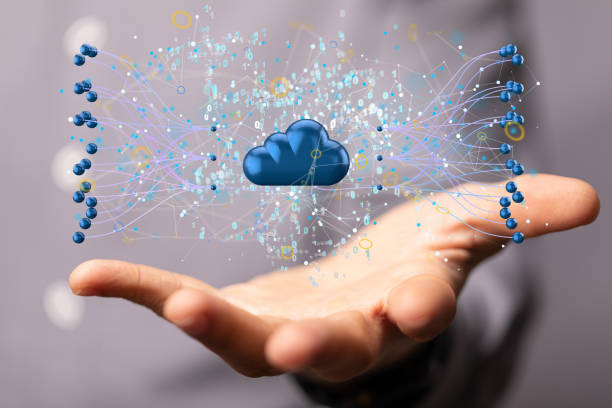 istock Closeup of a 3D rendered sci-fi cloud hologram 1464704292