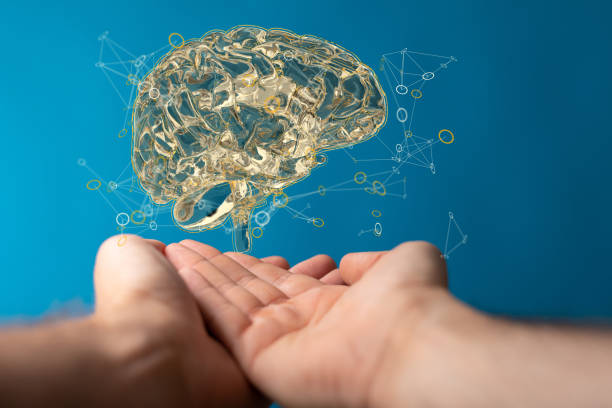 istock 3D rendering of a brain in man's hands isolated on a blue background 1464705123