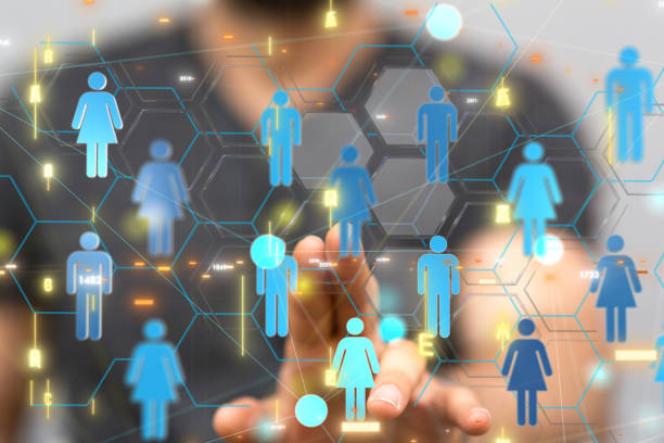 istock Digital concept of teamwork and partnership, fingers pointing at floating profile signs 1464705457