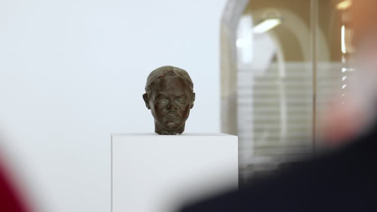 A Bronze Statue On A White Pedestal In A Museum