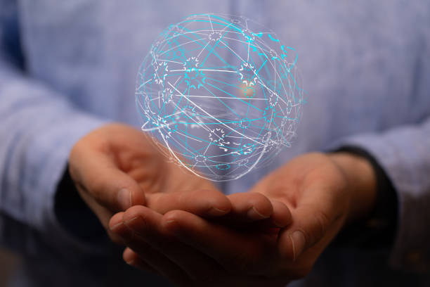 istock Person presenting a 3D render of internet net and data digital concept 1464705778