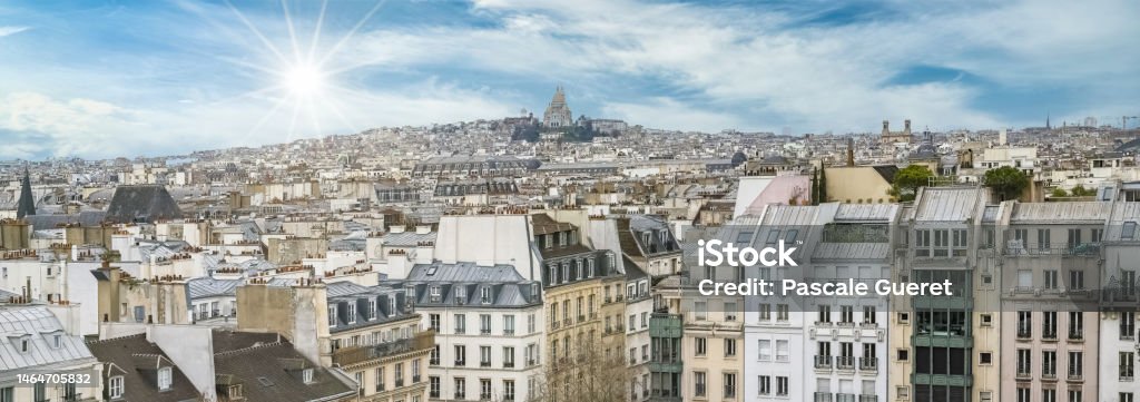 Paris, panorama of the city, with Montmartre Paris, panorama of the city, with Montmartre and the Sacre-Choeur basilica in background Aerial View Stock Photo