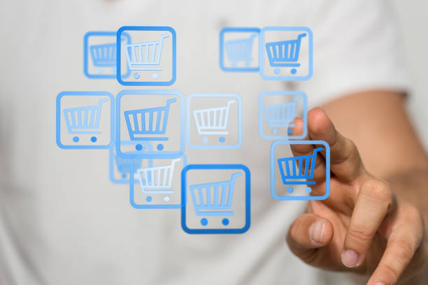 istock Person presenting a 3D render of modern technology panel with shopping cart, web phone credit card 1464706823