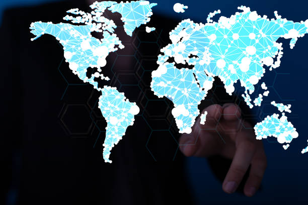 istock 3D rendering of a blue world map with a person in the background 1464706830