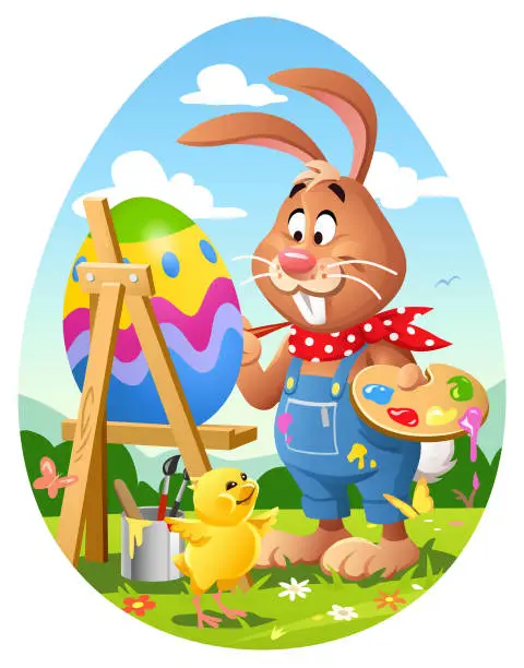 Vector illustration of Cute Easter Bunny Painting Easter Egg