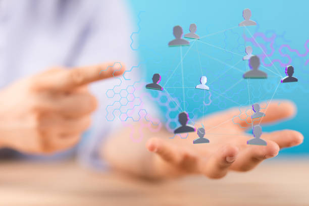 istock Illustration of human figures connected with lines as a teamwork and unity concept 1464707190