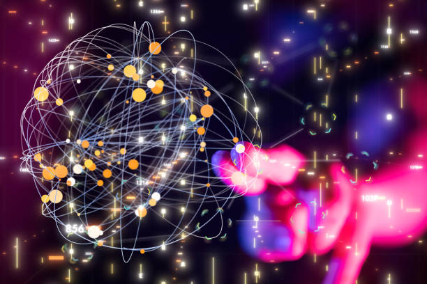 istock Male's hand pointing to an illustration of abstract technology geometric and data 1464707241