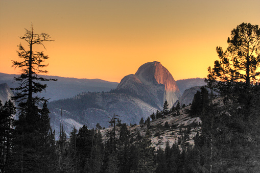 A beautiful shot of mountains on sunset sky background in Yosemite National Park, USA