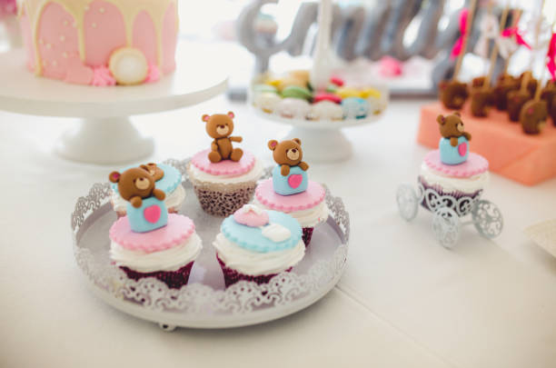 Cupcakes with bears for a baby girl birthday party Fancy cupcakes with bears for a baby girl birthday party pink teddy bear stock pictures, royalty-free photos & images