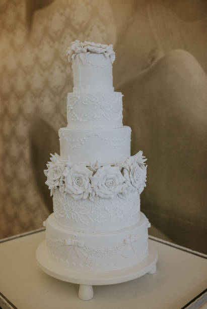 istock Multi-story white wedding cake decorated with white flowers 1464708792