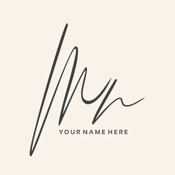 Vector illustration of MN monogram logo. Lowercase and uppercase etter m, letter n decorative signature characters. Ink calligraphy alphabet initials.