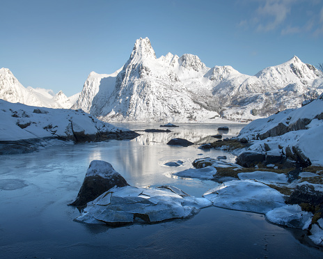 A beautiful scenic view of Lofoten islands in winter, Norway