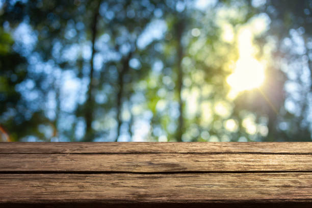 istock wooden table with forest bokeh background 1464713400