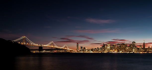 The Golden Gate Bridge and San Francisco city skyline at night, USA
