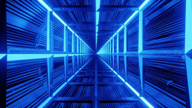 istock 3D rendering of geometric shapes surrounded by blue neon lights 1464714413